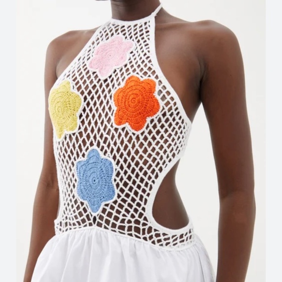 NWT STAUD Kaylee Crochet Bodice Halter Knit Midi Dress - Pansy White Beach Party - Picture 2 of 11